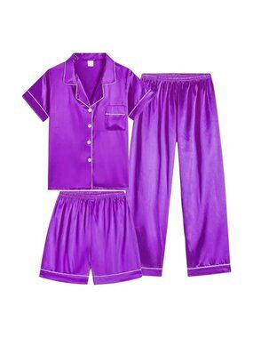 Vopmocld Unisex Satin Pajama 3 Piece Set in Purple, Size S
